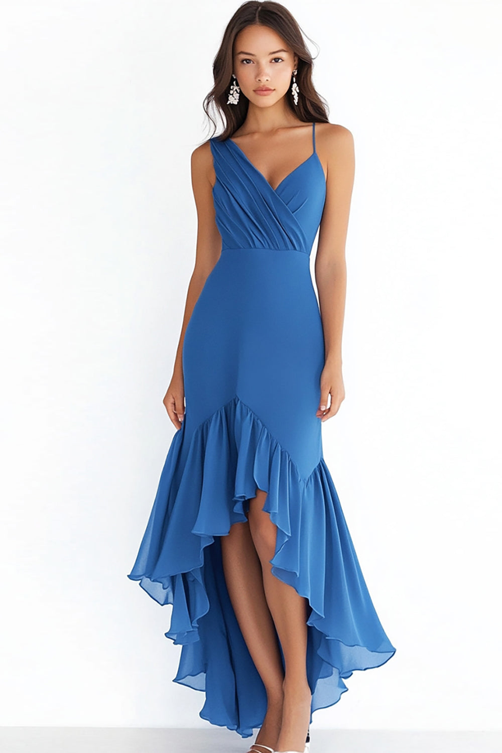 Blue Chiffon Sheath High Low Ruched Formal Dress