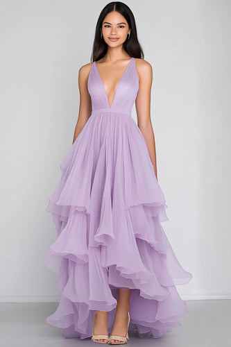 Lilac Tulle A Line Tiered Asymmetrical Long Formal Dress