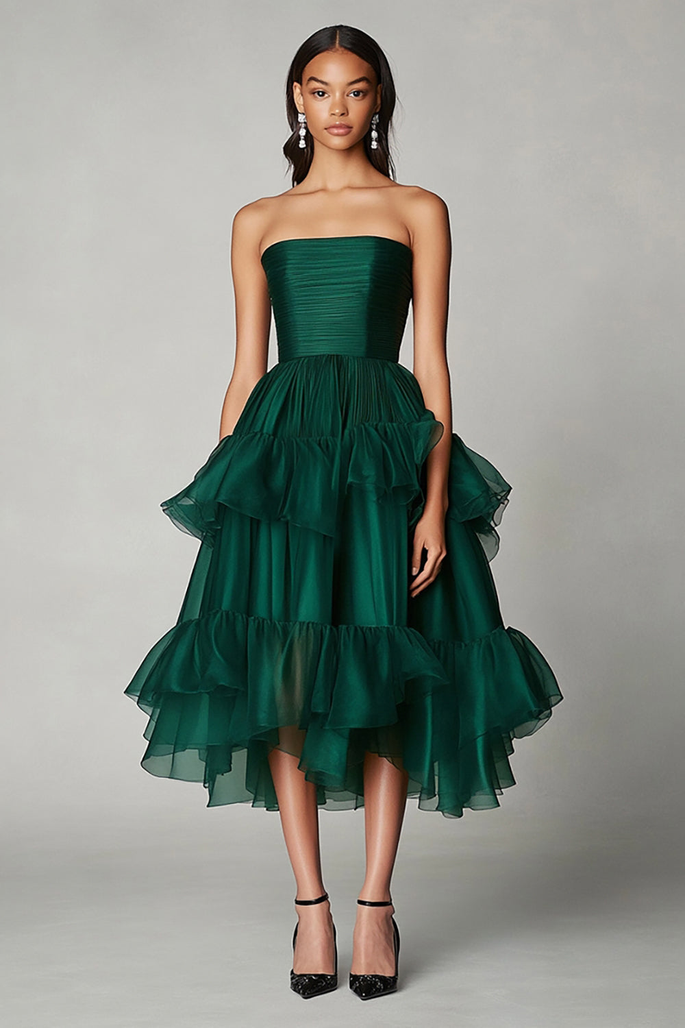 Dark Green A Line Tulle Strapless Tiered Long Formal Dress