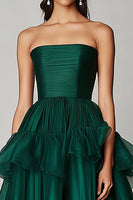 Load image into Gallery viewer, Dark Green A Line Tulle Strapless Tiered Long Formal Dress