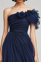 Load image into Gallery viewer, Navy Tulle A Line One Shoulder Long Formal Dress with Ruffles