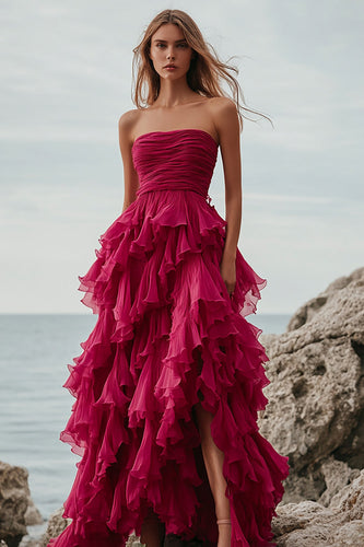 Fuchsia Tulle A Line Tiered Ruched Long Formal Dress