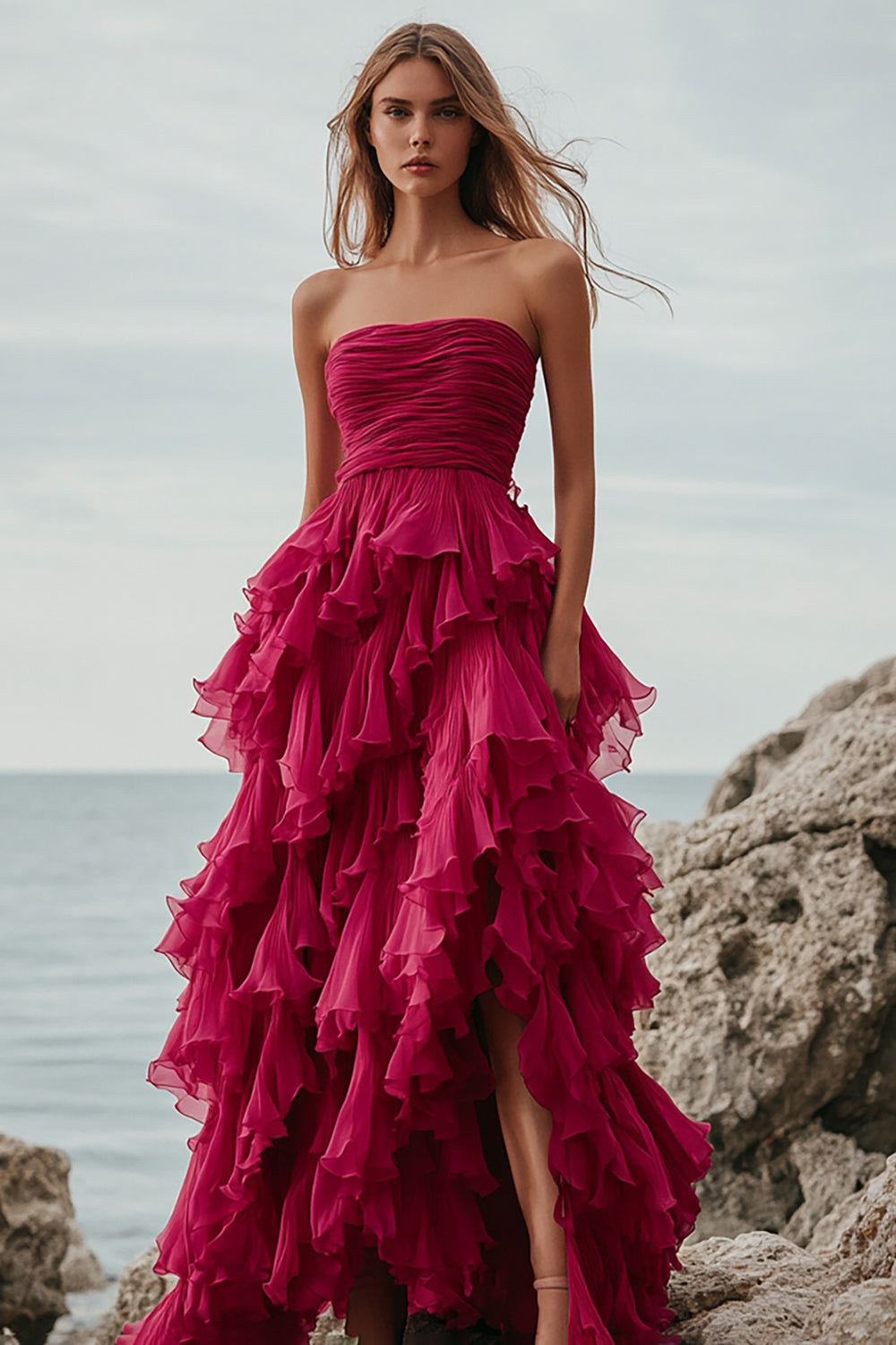 Fuchsia Tulle A Line Tiered Ruched Long Formal Dress