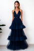 Load image into Gallery viewer, Navy Tiered V-Neck Tulle A Line Long Formal Dress