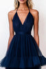 Load image into Gallery viewer, Navy Tiered V-Neck Tulle A Line Long Formal Dress