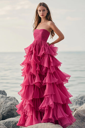 Fuchsia Strapless Tulle A Line Long Formal Dress