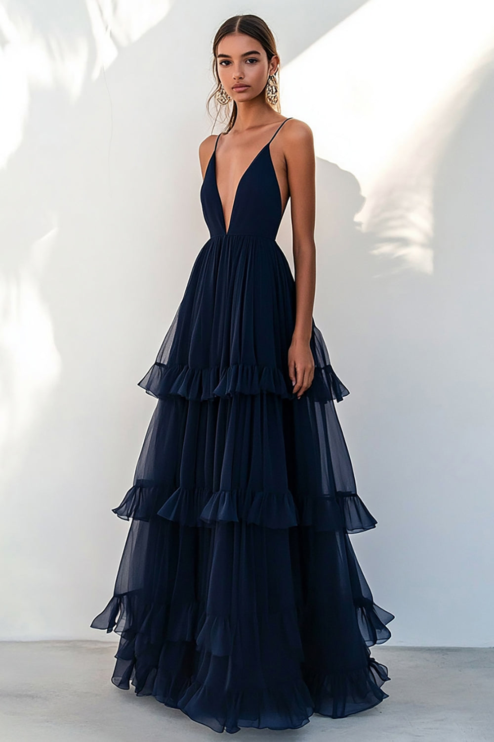 Navy Tulle Spaghetti Straps Tiered Long Formal Dress