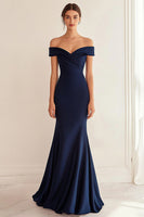 Load image into Gallery viewer, Navy Off the Shoulder Satin Mermaid Long Formal Dress