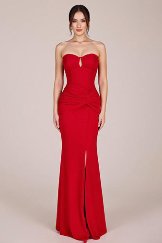 Red Strapless Sheath Keyhole Long Formal Dress with Slit