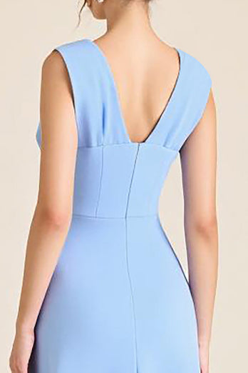 Sky Blue Sheath Sleeveless Long Formal Dress with 3D Flowers