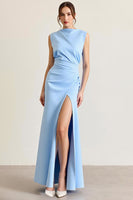 Load image into Gallery viewer, Sky Blue Sheath Ruched Long Formal Dress with Slit