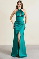 Load image into Gallery viewer, Green Satin Sheath Keyhole Backless Long Formal Dress with Slit