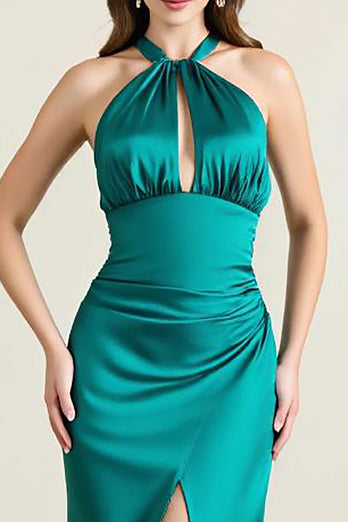 Green Satin Sheath Keyhole Backless Long Formal Dress with Slit