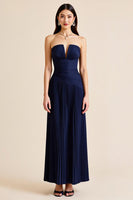 Load image into Gallery viewer, Navy Pleated A Line Strapless Long Formal Dress
