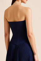 Load image into Gallery viewer, Navy Pleated A Line Strapless Long Formal Dress