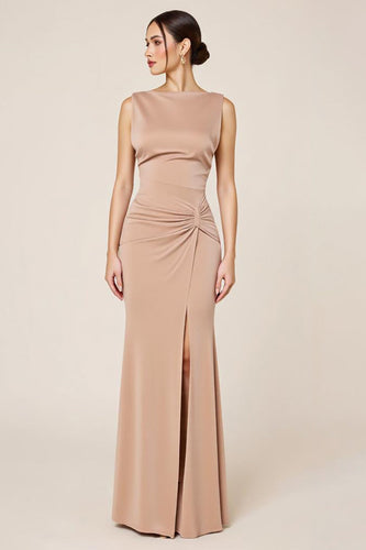 Neutral Satin Sheath Boat Neck Long Formal Dress with Slit