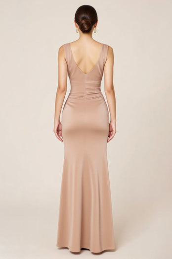 Neutral Satin Sheath Boat Neck Long Formal Dress with Slit