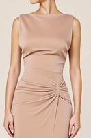 Load image into Gallery viewer, Neutral Satin Sheath Boat Neck Long Formal Dress with Slit
