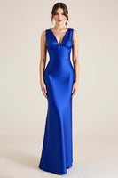 Load image into Gallery viewer, Royal Blue V-Neck Satin Sheath Sleeveless Long Formal Dress