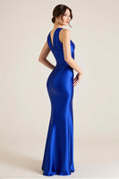 Load image into Gallery viewer, Royal Blue V-Neck Satin Sheath Sleeveless Long Formal Dress