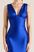 Load image into Gallery viewer, Royal Blue V-Neck Satin Sheath Sleeveless Long Formal Dress