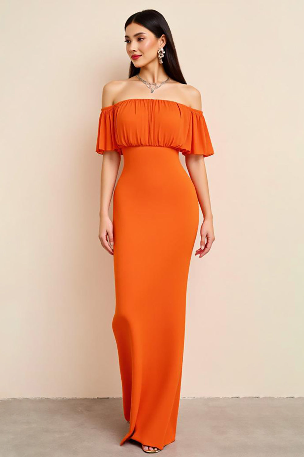 Orange Sheath Off the Shoulder Pleated Long Formal Dress