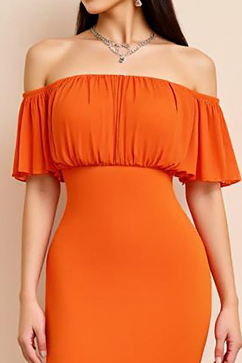 Load image into Gallery viewer, Orange Sheath Off the Shoulder Pleated Long Formal Dress