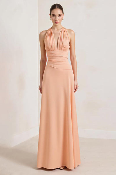 Peach A Line Chiffon Deep V-Neck Ruched Long Formal Dress