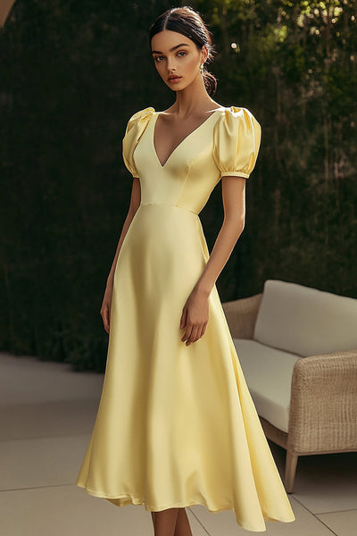 Yellow V-Neck A Line Satin Long Formal Dress with Puff Sleeves