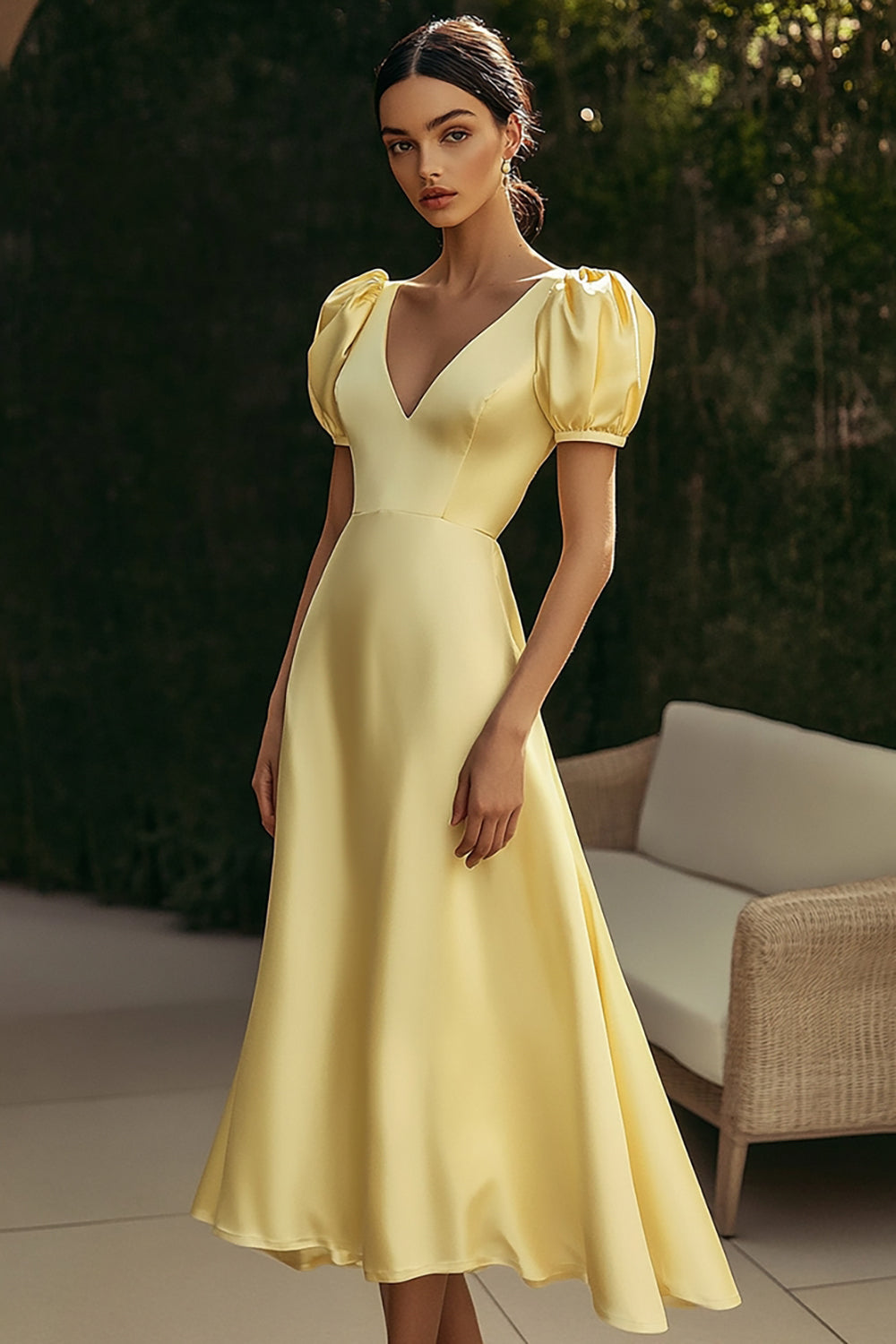Yellow V-Neck A Line Satin Long Formal Dress with Puff Sleeves