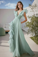Load image into Gallery viewer, Light Green Tulle V-Neck Long Formal Dress with Ruffles