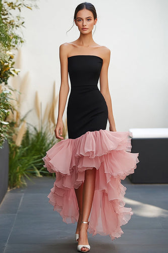 Black&Pink Sheath Strapless Long Formal Dress with Ruffles