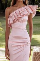 Load image into Gallery viewer, Pink Ruffled Sheath One Shoulder Satin Long Formal Dress
