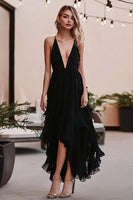 Load image into Gallery viewer, Black Deep V-Neck Tulle A Line Long Formal Dress