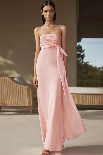 Pink Sheath Chiffon Ruched Strapless Long Formal Dress with Cap