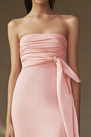 Load image into Gallery viewer, Pink Sheath Chiffon Ruched Strapless Long Formal Dress with Cap