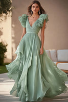 Load image into Gallery viewer, Light Green Chiffon Ruffed Tiered Long Formal Dress
