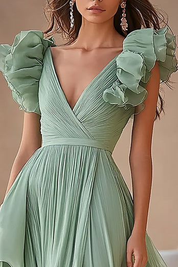 Light Green Chiffon Ruffed Tiered Long Formal Dress