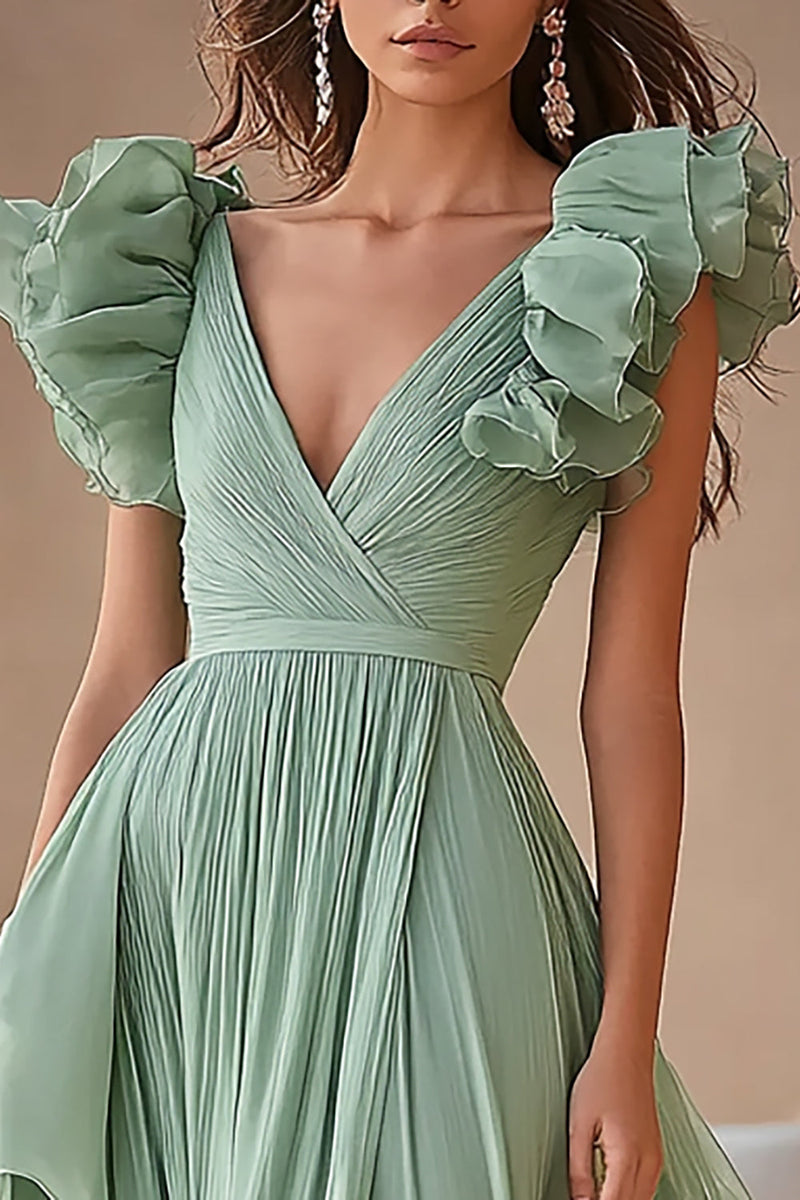 Load image into Gallery viewer, Light Green Chiffon Ruffed Tiered Long Formal Dress