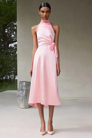 Pink Satin A Line Halter Long Formal Dress