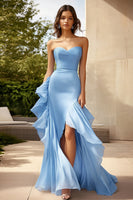 Load image into Gallery viewer, Sweetheart Sky Blue Sheath Ruffled Long Formal Dress with Slit