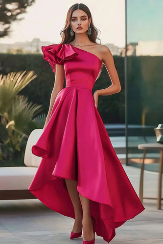 Fuchsia A Line Asymmetrical Ruffled Satin Long Formal Dress