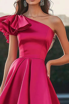 Fuchsia A Line Asymmetrical Ruffled Satin Long Formal Dress