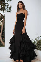 Load image into Gallery viewer, Chiffon A Line Strapless Tiered Black Tie Dress