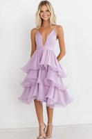 Load image into Gallery viewer, Lilac Chiffon Tiered Knee-Length Wedding Guest Dress