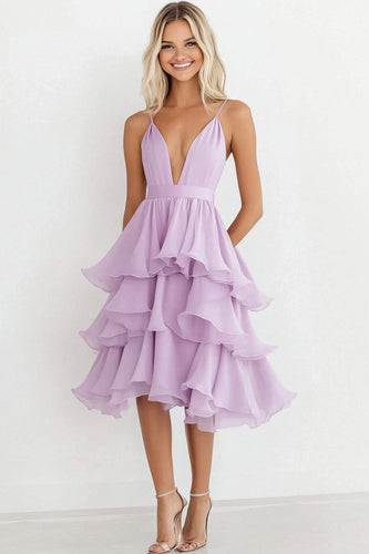 Lilac Chiffon Tiered Knee-Length Wedding Guest Dress