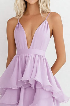 Lilac Chiffon Tiered Knee-Length Wedding Guest Dress