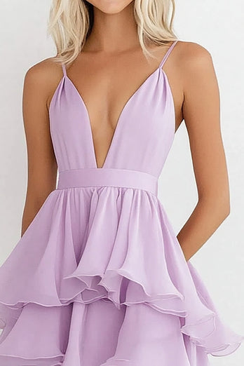 Lilac Chiffon Tiered Knee-Length Wedding Guest Dress