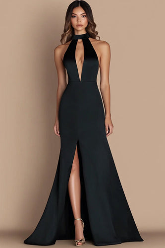 Simple Halter Satin Keyhole Long Black Tie Dress with Slit