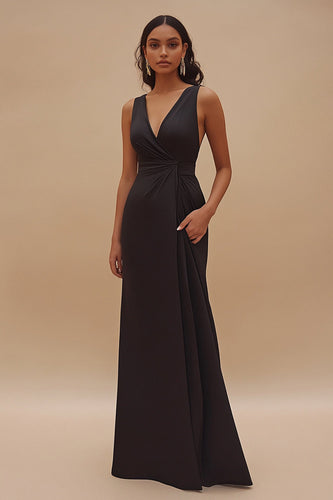 Satin V-Neck Long Satin Black Tie Dress